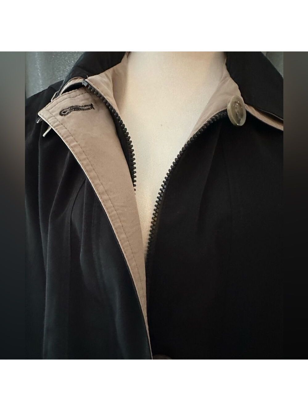 London fog trench rain coat removable hood zipper navy tan women’s size large